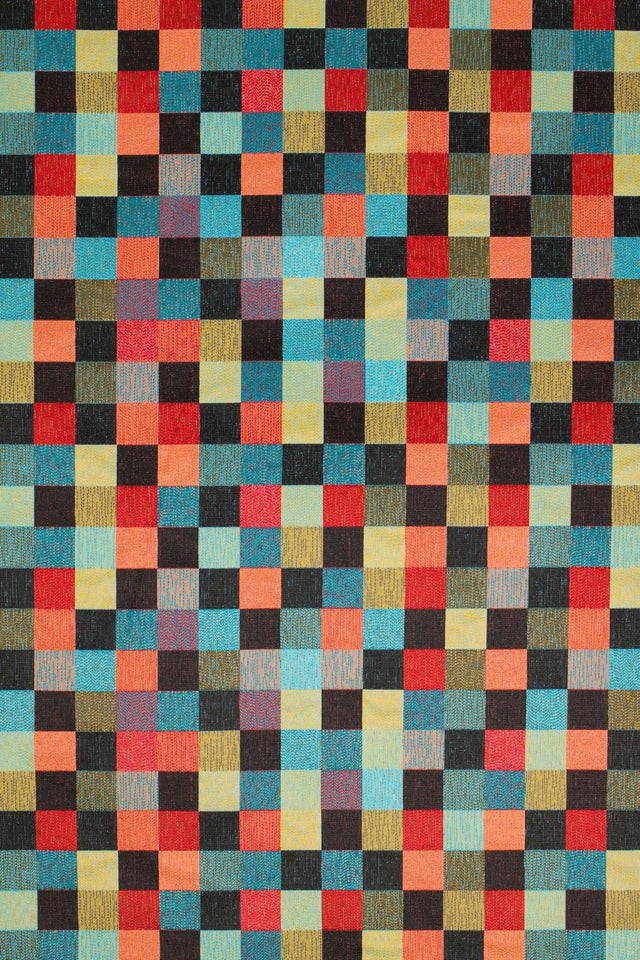 TURKIS-ORANGE KONFETTI-TERN PÅ SORT BARCELONA JACQUARD DEKORATIONSSTOF – KONFETTI-TERN