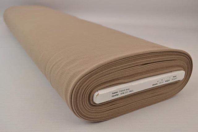 TAUPE FRENCH TERRY – MJUK BOMULLSSTICKAD METERVARA MED STRETCH