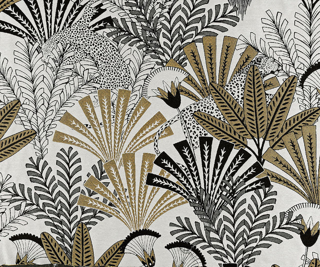 Jacquard gardinstof med palmemotiv — okkergul & sort, stofprøve