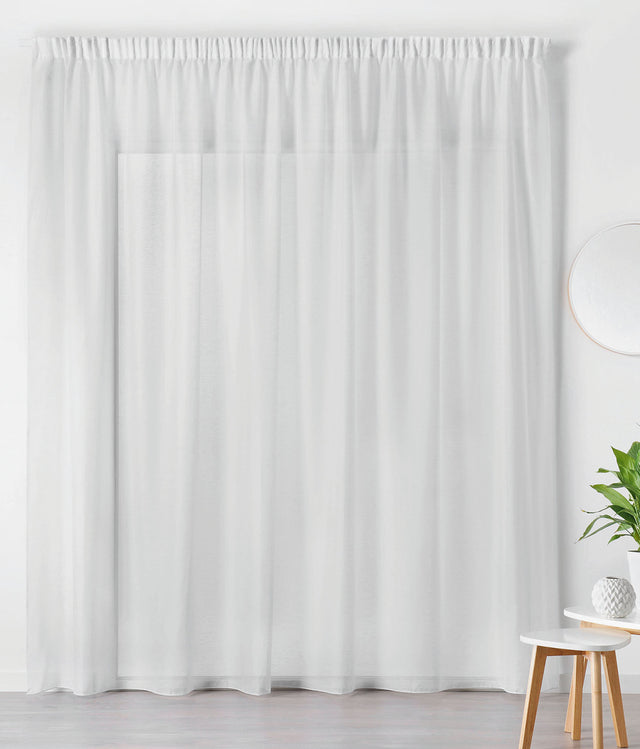 Ekstra bred voile med hørtouch — hvid, syet som færdigt gardin