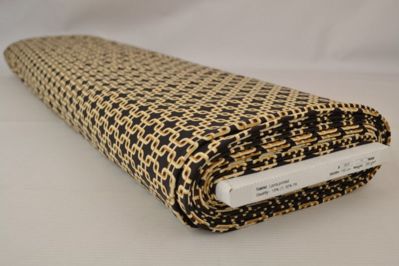 MØRKEBRUN LYCRA – KÆDEPRINT, 4-VEJS STRÆK & HURTIGTØRRENDE