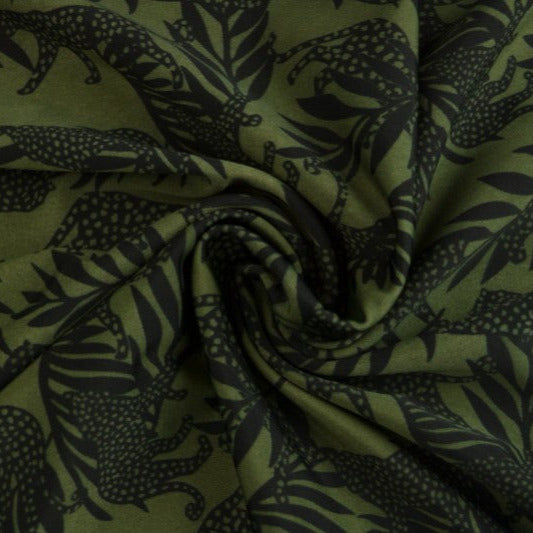 GRÖN LYCRA – LEOPARD- OCH PALMMÖNSTER, 4-VÄGS STRETCH & SNABBTORKANDE