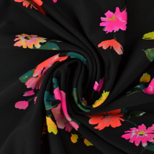 SVART LYCRA – AKVARELLBLOMMOR, 4-VÄGS STRETCH & SNABBTORKANDE