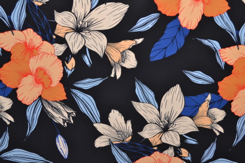 SVART LYCRA – TROPISKT BLOMMÖNSTER, 4-VÄGS STRETCH & SNABBTORKANDE