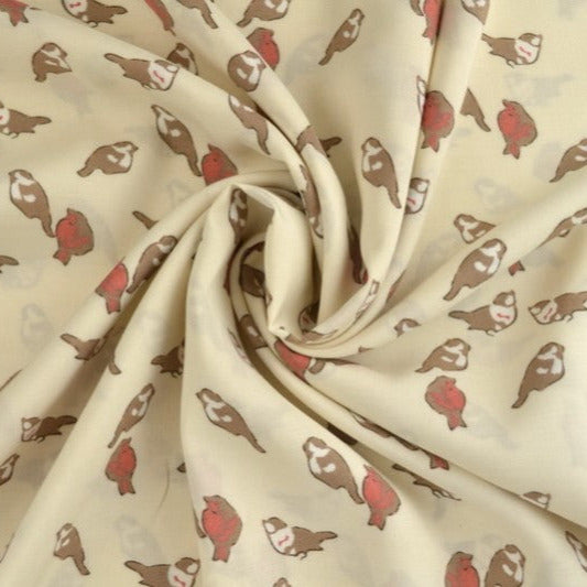 RÅHVIDT VISKOS MED SPURV OG RØDKÆLK PRINT – LÄTT FALL & ELEGANT MATT LYSTER