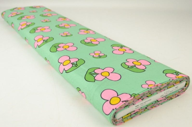 G&M Bomuldspoplin GRØN BOMULDSPOPLIN M. SIMPLE LYSERØDE BLOMSTER