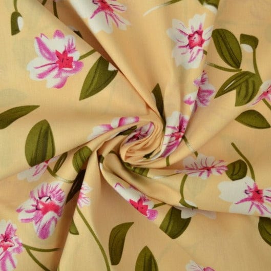 G&M Bomuldspoplin GUL BOMULDSPOPLIN MED LYSERØDE BLOMSTERPRINT