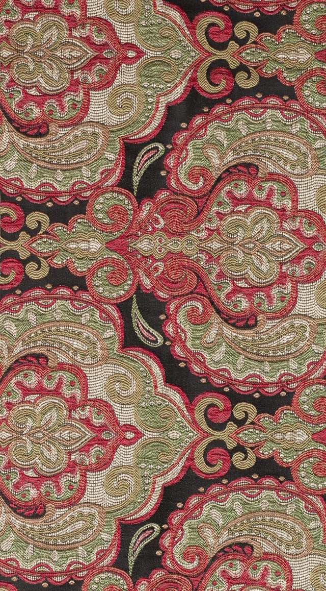 RUBINRØD PAISLEY PÅ SORT BOMBAJ JACQUARD MØBELSTOF – PAISLEY-MØNSTER