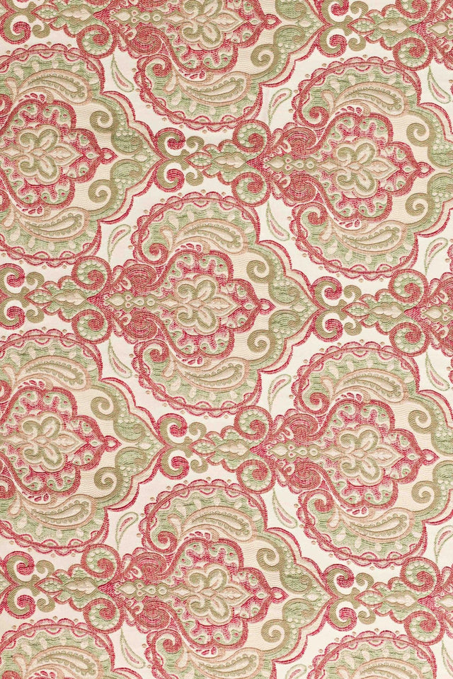 RØD-GRØN PAISLEY PÅ CREME BOMBAJ JACQUARD MØBELSTOF – PAISLEY-MØNSTER