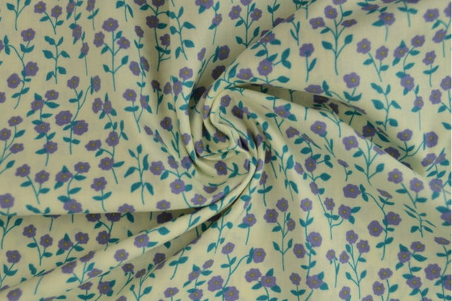 GRÅ BOMULDSPOPLIN MED DITSY BLOMSTERPRINT – BLÅ & GUL