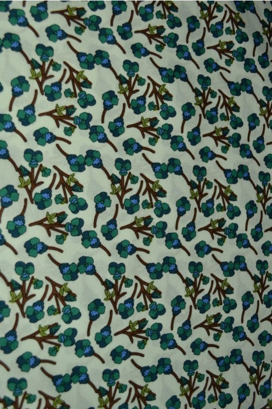 HVID BOMULDSPOPLIN MED BOTANISK BLOMSTERPRINT – TEAL & BRUN