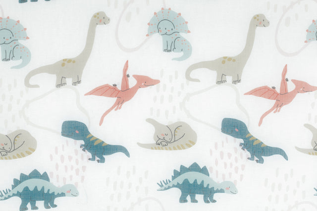 Børnevoile med dinosaur-motiv — råhvid
