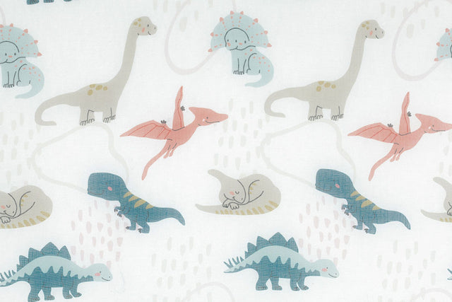 Børnevoile med dinosaur-motiv — råhvid, stofprøve