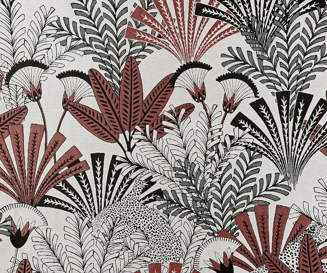 Jacquard gardinstof med palmemotiv — terrakotta & sort, stofprøve