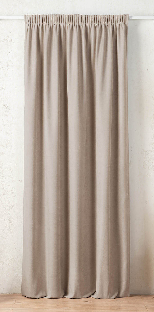 Termo mørklægningsstof med velourlook — hørbeige, syet som færdigt gardin