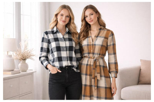 BEIGE SKOTSKRUTIG FLANELL M. SVARTA OCH BLÅ LINJER