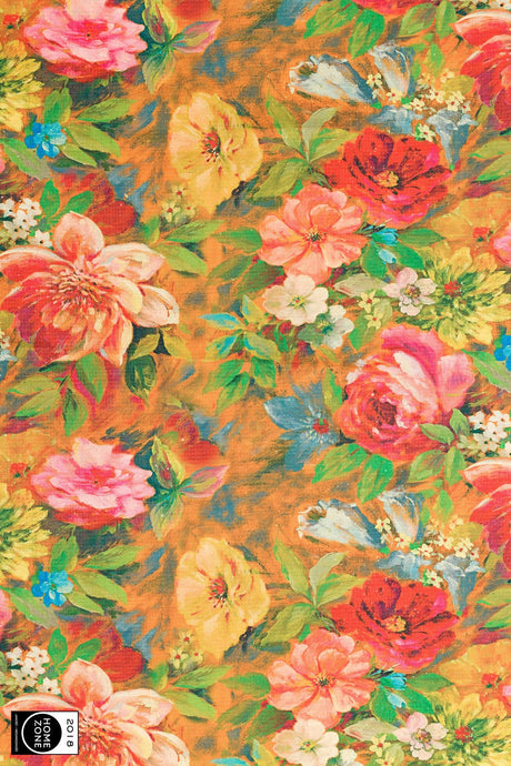 BLOMTRYCK PÅ VARM ORANGE BOTTEN LEA MÖBELTYG – BLOMSTERTRYCK
