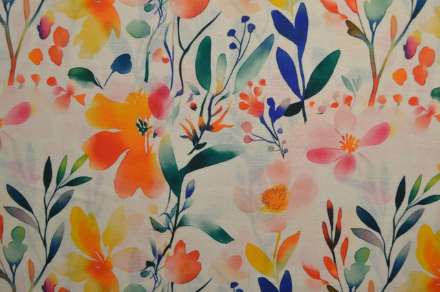 HVID HØR MED AKVAREL BLOMSTER – ORANGE, GUL & BLÅ – nærbillede