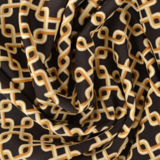 MÖRKBRUN LYCRA – KEDJEMÖNSTER, 4-VÄGS STRETCH & SNABBTORKANDE