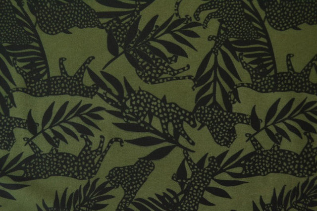 GRÖN LYCRA – LEOPARD- OCH PALMMÖNSTER, 4-VÄGS STRETCH & SNABBTORKANDE