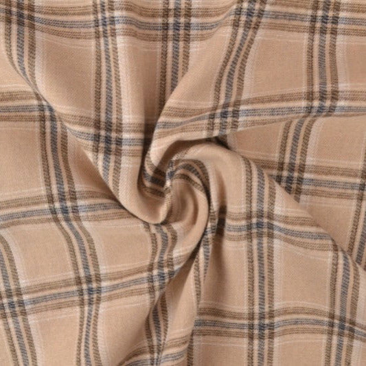 BEIGE SKOTSKTERNET FLANNEL M. SORTE OG BLÅ LINJER