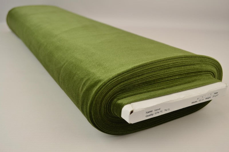 MOSSGRÖN VELOUR MED STRETCH – MJUK STICKAD KVALITET