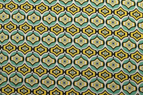 VISKOSE STOF MED TURKIS OG GULT GEOMETRISK BUE PRINT – LET FALD & ELEGANT MAT GLANS