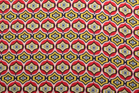 VISKOSE STOF MED RØDT OG GULT GEOMETRISK BUE PRINT – LET FALD & ELEGANT MAT GLANS