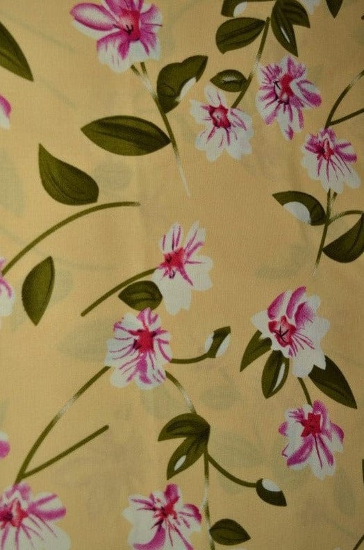 G&M Bomuldspoplin GUL BOMULDSPOPLIN MED LYSERØDE BLOMSTERPRINT