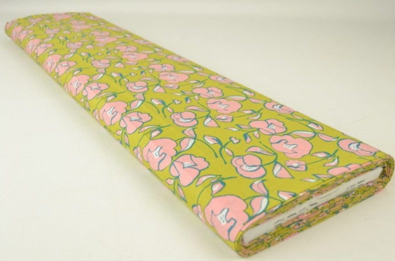 G&M Bomuldspoplin LIMEGRØN BOMULDSPOPLIN M. LYSERØDT BLOMSTERPRINT