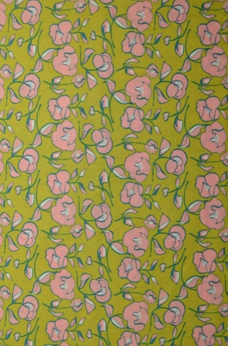 G&M Bomuldspoplin LIMEGRØN BOMULDSPOPLIN M. LYSERØDT BLOMSTERPRINT