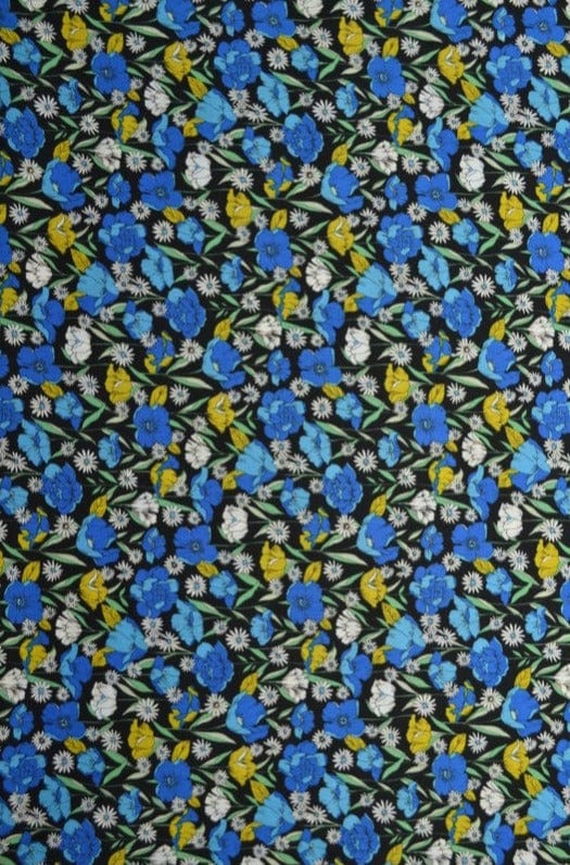G&M Bomuldspoplin SORT BOMULDSPOPLIN M. BLÅ OG GULE PÆONER OG VALMUER