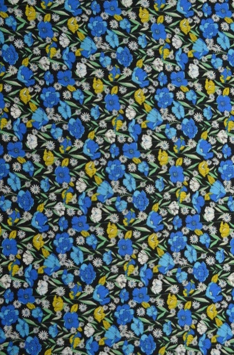 G&M Bomuldspoplin SORT BOMULDSPOPLIN M. BLÅ OG GULE PÆONER OG VALMUER